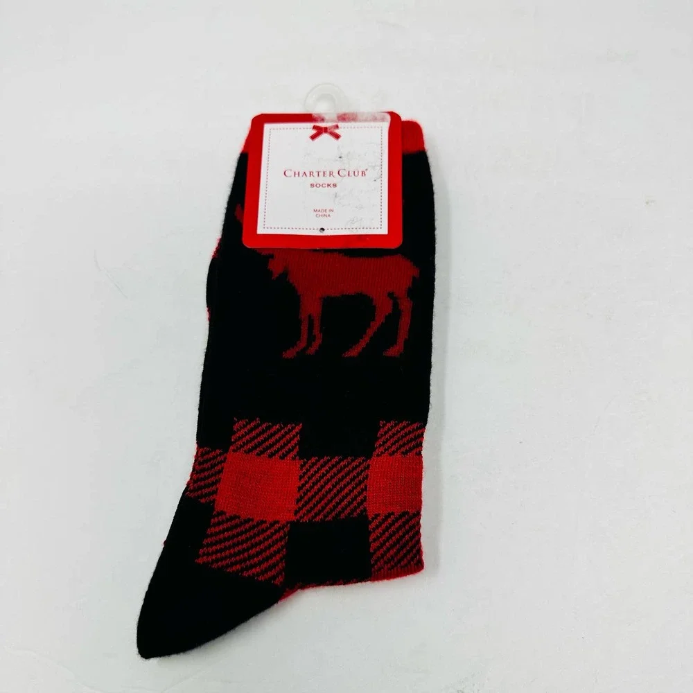 New Charter Club‎ Womans Holiday Black Red Deer Crew Socks Sz 9-11 NWT